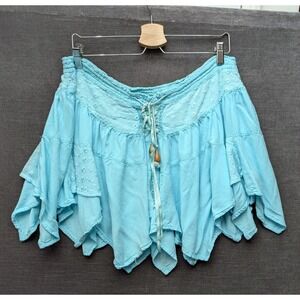 Bhag's Light Blue Mini Skirt Handkerchief Hem Embroidered Hippie Boho One Size